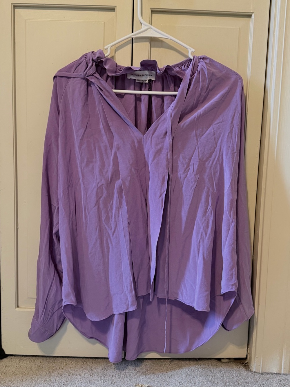 Victoria Beckham Silk Lilac Tie-Neck Blouse